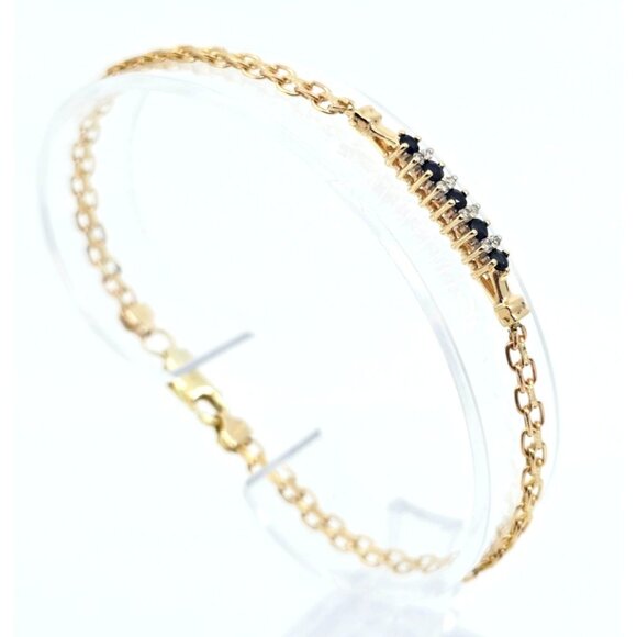 Unique 14K Yellow Gold Diamond & Blue Spinel Tennis Link Bracelet - 7.75" Length - Picture 4 of 12